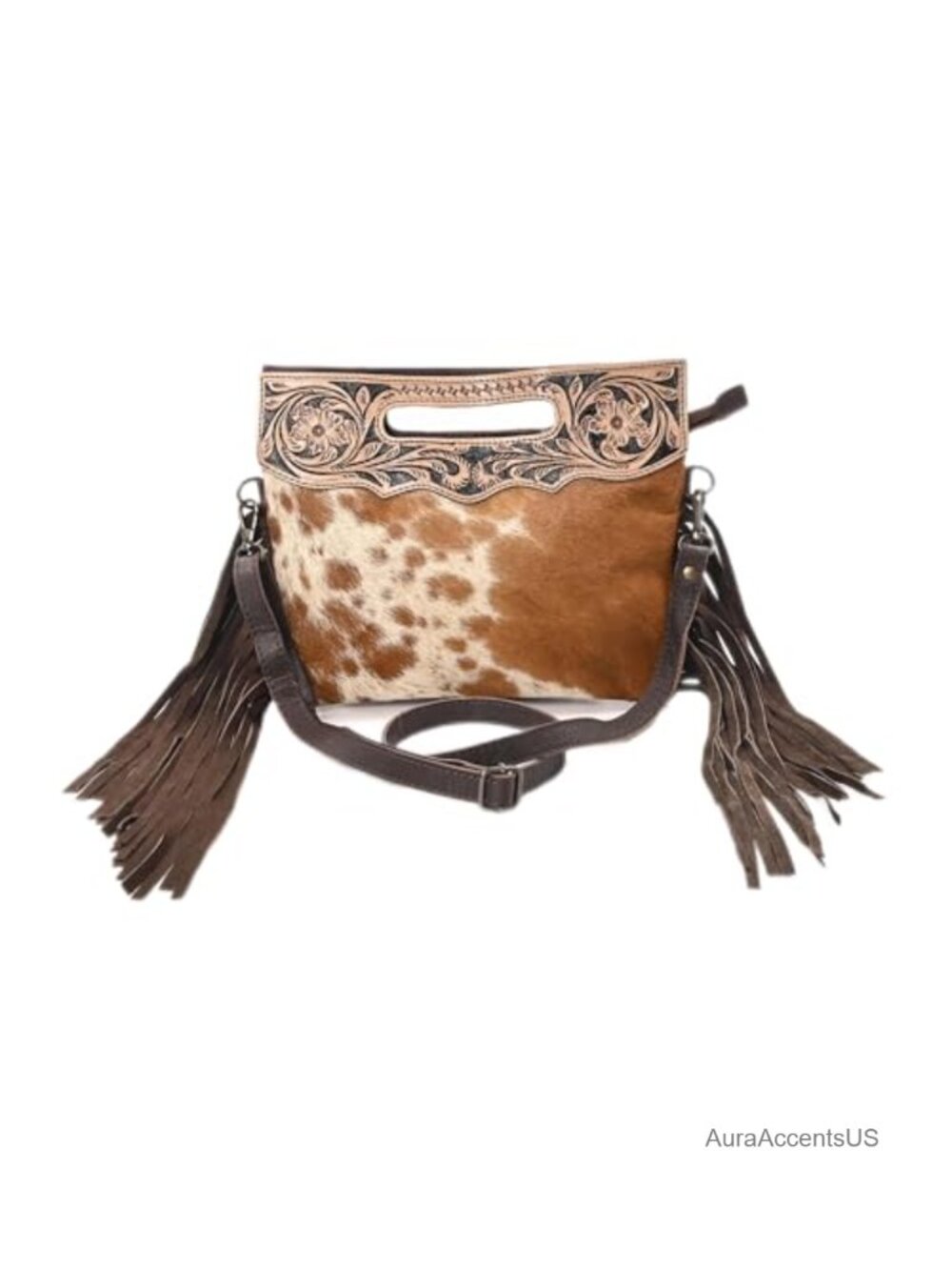 Natural Cowhide Leather Crossbody Sling Bag Adjustable Fringe Handbag
